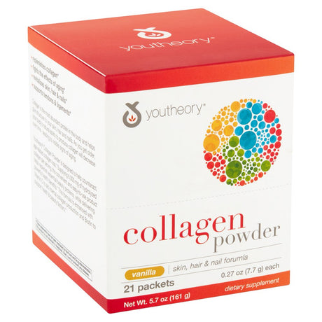 Youtheory Vanilla Collagen Powder Dietary Supplement, 0.27 Oz, 21 Count