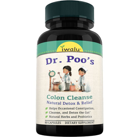 Dr Poos Colon Cleanse Detox & Repair - Fast Acting Constipation Relief, Extra Strength Cleansing & Bloating Support, Probiotic, Cascara Laxative, Bentonite Psyllium Fiber Supplement Iwalu 60 Capsules