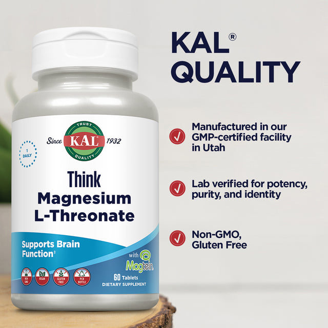 KAL Think Magnesium L-Threonate 2000 Mg | Learning, Brain Health & Memory Function Support W/ Magtein | Vegan, No Gluten & Non-Gmo | 60 Tablets