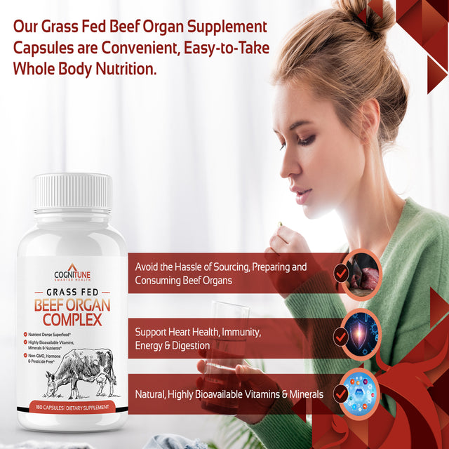 Grass Fed Beef Organ Supplement - Nutrient Rich Superfood with Grassfed Beef Liver, Heart, Kidney, Pancreas, Spleen, Nutrient Rich Superfood, Non-Gmo, Hormone Free, 180 Capsules