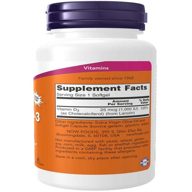 NOW Supplements, Vitamin D-3 1,000 IU, High Potency, Structural Support*, 360 Softgels