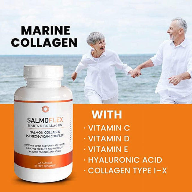 VITASEI Salmoflex Marine Collagen Peptides Pills W/Hyaluronic Acid, Vitamin C, D, E | Salmon Supplements - Hair, Skin, Nails | Multivitamin for Women & Men | Knee, Joint Relief - 60 Capsules