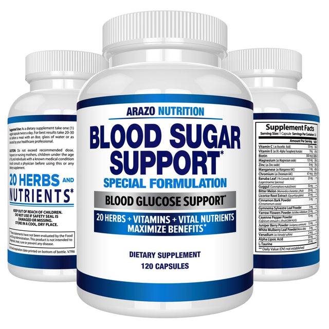 Blood Sugar Support Supplement - 20 Herbs & Multivitamin for Blood Sugar Control with Alpha Lipoic Acid & Cinnamon - 120 Pills - Arazo Nutrition