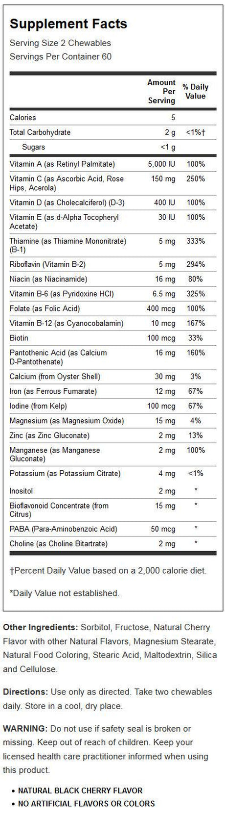 Solaray Childrens Vitamins & Minerals Complete Multivitamin for Kids Great Black Cherry Flavor (076280047974) (120 Chews, 60 Serv)