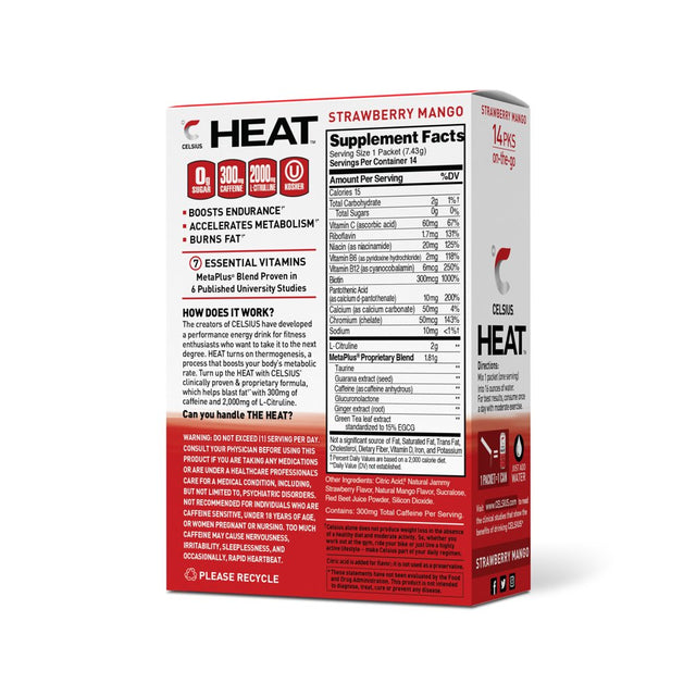 CELSIUS HEAT On-The-Go Performance Energy Powder Stick Packets, Strawberry Mango (Pack of 14)