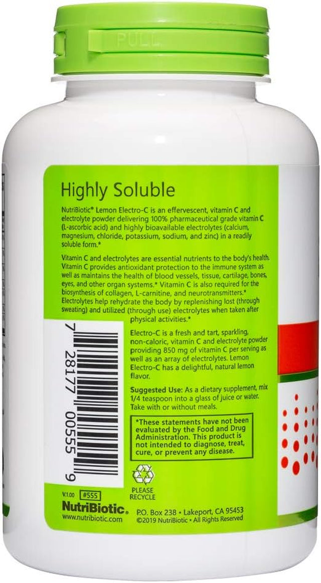 Nutribiotic - Lemon Electro-C,Vitamin C & Electrolyte Powder, 8 Oz | 850 Mg Vitamin C per Serving | Effervescent Electrolyte Recharge | Buffered & Highly Soluble | Free of Calories, Gluten & Non-Gmo