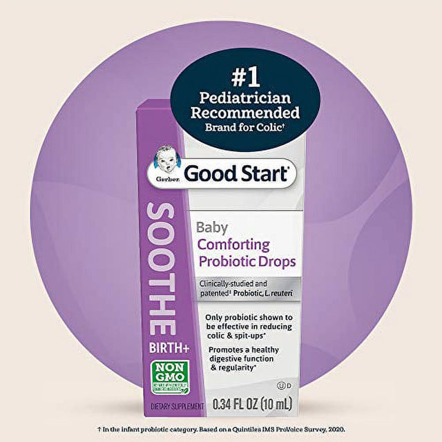 Gerber Soothe Baby Everyday Probiotic Drops for Newborn, Infants & Toddlers, Colic, Spit-Up, & Digestive Health, #1 Pediatrician Recommended, Clear, 0.34 Fl Oz