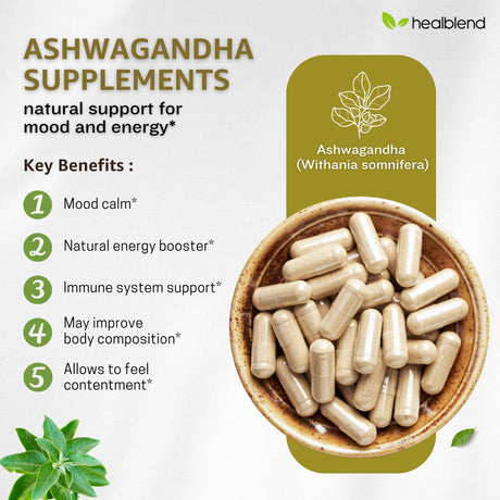 Healblend Organic Ashwagandha Supplement 1300Mg with Black Pepper Extract - Supports Stress Relief, Immune, Energy, Stamina & Mood, 100% Pure - 60 Capsules 2-Pack