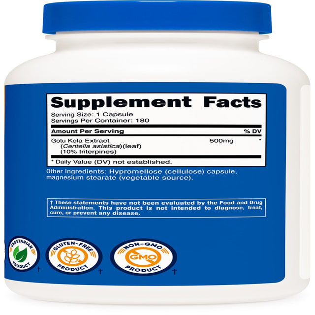 Nutricost Gotu Kola 500 Mg, 180 Capsules - Gluten Free, Non-Gmo Supplement