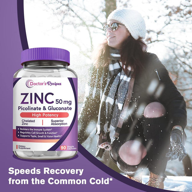 Doctor S Recipes Zinc Capsules 50 Mg from Highly Absorbable Zinc Picolinate & Gluconate, Supports Natural Immune Defense, DNA & Protein Formation, Cell Growth, Non-Gmo No Dairy 90 Veggie Caps