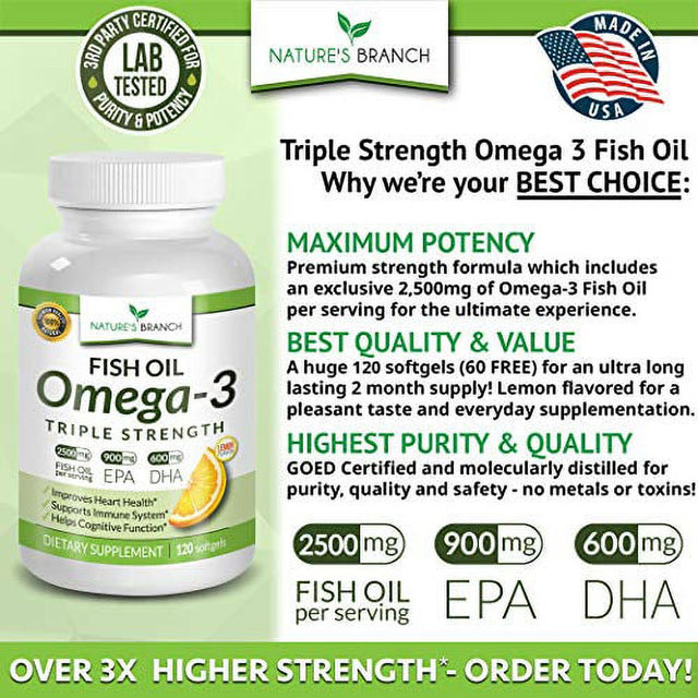 Best Triple Strength Omega 3 Fish Oil Pills 2400Mg , 120 Capsules , Burpless High Potency Lemon Flavor , 864Mg EPA 576Mg DHA Ultra Pure Liquid Softgels , Brain Joints Eyes Hair Heart Health Supplement 120 Count (Pack of 1)