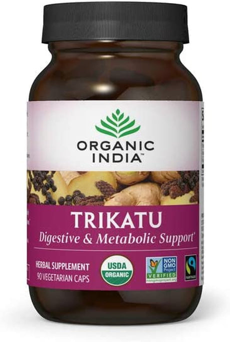 ORGANIC INDIA Trikatu Herbal Supplement - Supports Digestion, Metabolism & Nutrient Absorption, Vegan, Gluten-Free, USDA Certified Organic, Supports Healthy GI Function - 90 Capsules