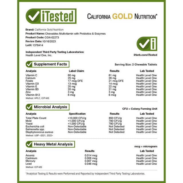 California Gold Nutrition Chewable Multivitamins with Probiotics & Enzymes for Children, Assorted Fruit Flavors, 120 Vegetarian Tablets