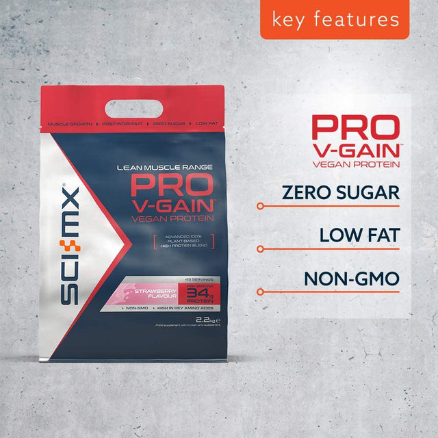 SCI-MX Nutrition Pro V-Gain Protein Powder, Plant Based, 2.2 Kg, Strawberry, 49 Servings