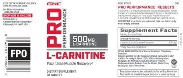 GNC Pro Performance L-Carnitine, 60 Tablets, Supports Muscle Recovery