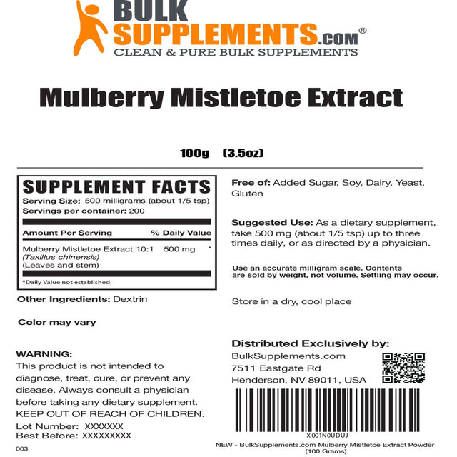 Bulksupplements.Com Mulberry Mistletoe Extract Powder, 500Mg - Supplement for Heart Health (100G - 200 Servings)