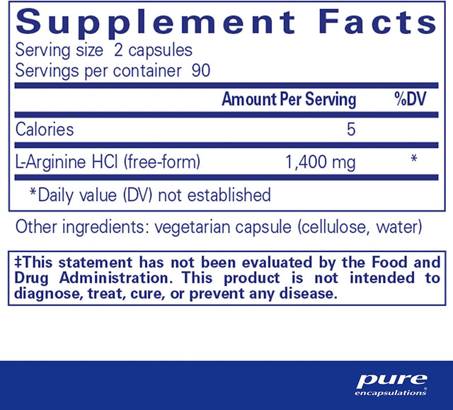 Pure Encapsulations L-Arginine - 1,400 Mg - Support Nitric Oxide Production - Heart Health & Blood Flow - Gluten Free & Non-Gmo - 180 Capsules