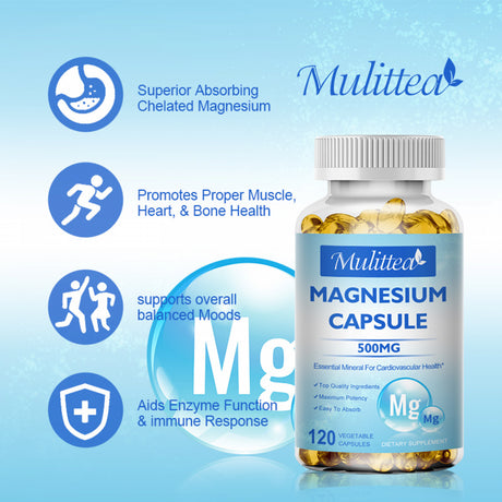 Mulittea Magnesium Capsules 500Mg Supports Muscle, Joint and Heart Health, Maximum Absorption Magnesium (Glycinate) Supplements, 120 Capsules