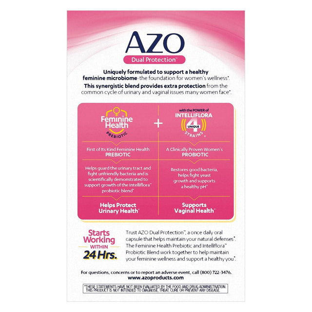 AZO Dual Protection™, Urinary + Vaginal Support*, Women'S Prebiotic and Clinically-Proven Probiotic, 30 Count