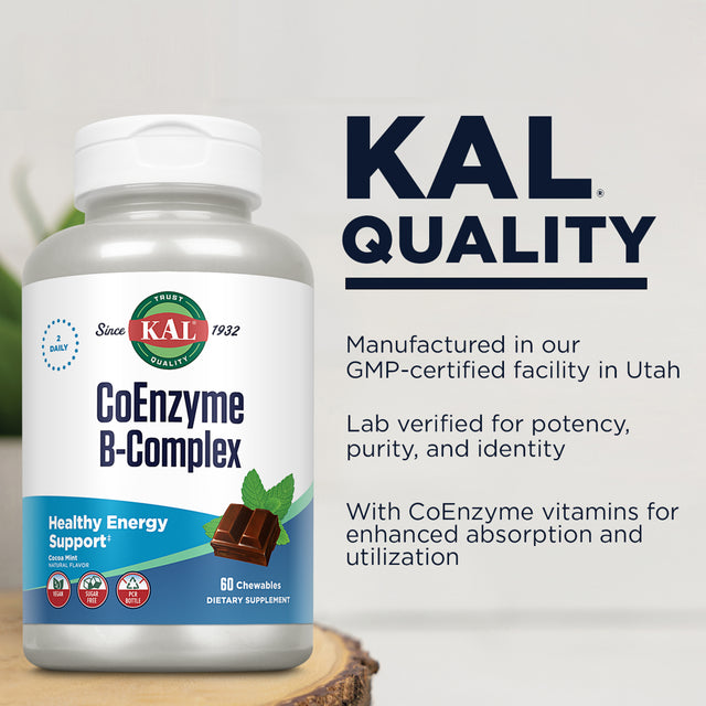 KAL Coenzyme B-Complex Chewables | Sugarless Natural Cocoa Mint Flavor | High Potency Formula | Healthy Energy Support | Vegetarian | 60 Chewables