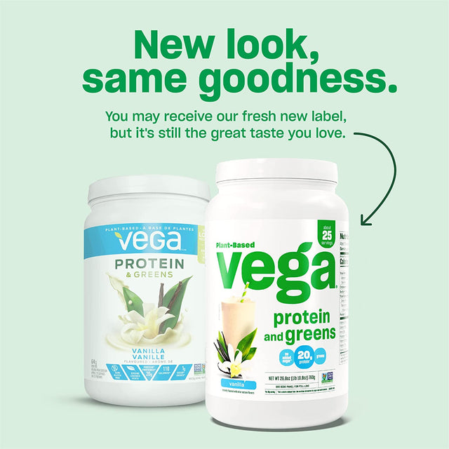 Vega Protein and Greens Protein Powder, Vanilla - 20G Plant Based Protein plus Veggies, Vegan, Non GMO, Pea Protein for Women and Men, 1.4 Lbs (Packaging May Vary)