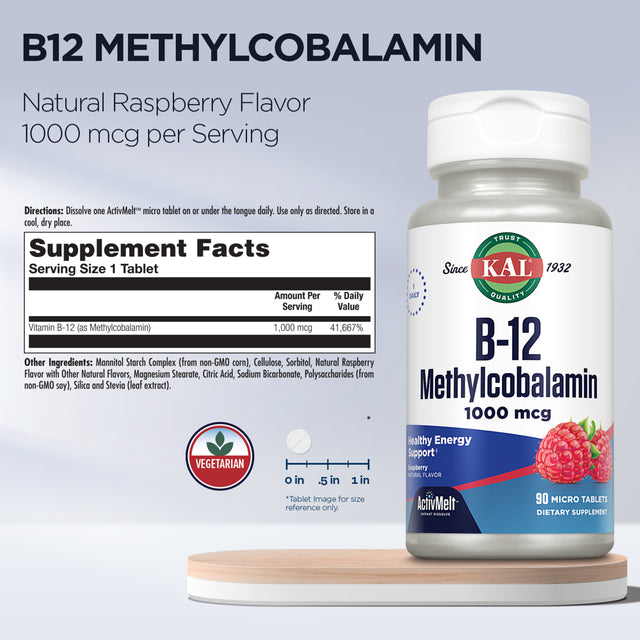 KAL B-12 Methylcobalamin Activmelt 1000 Mcg | Natural Raspberry Flavor | Healthy Metabolism, Energy, Nerve & Red Blood Cell Support | 90 Micro Tablets