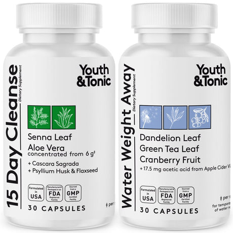 Youth & Tonic Colon Cleanser and Detox for Bloating, Weight Loss Supplement with Senna, Dandelion, Probiotics, 60 Pills