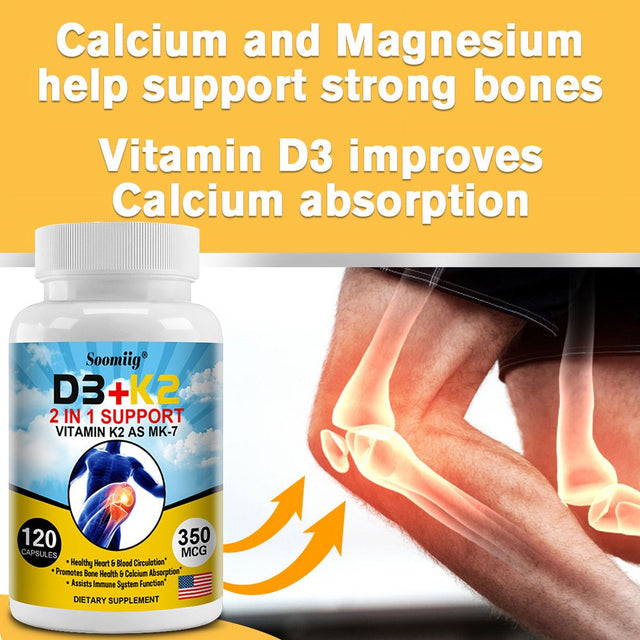 Soomiig D3+K2 Supplement 2-In-1 Supports Vitamin K2 as MK-7 to Support Heart, Blood Circulation, Bones, Colon Absorption