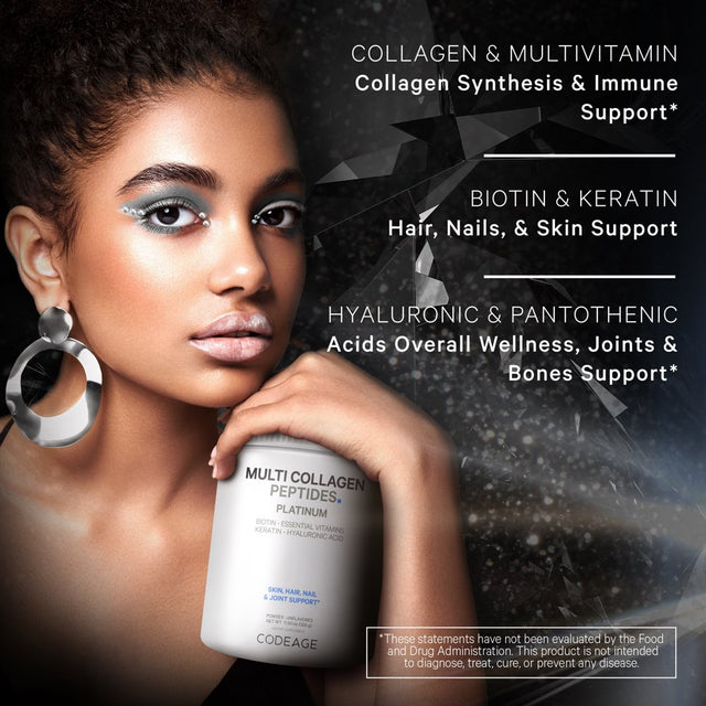 Codeage Multi Collagen Protein Powder Platinum, Biotin, Vitamin C, B, D3, Keratin, Hyaluronic Acid, 11.50 Oz