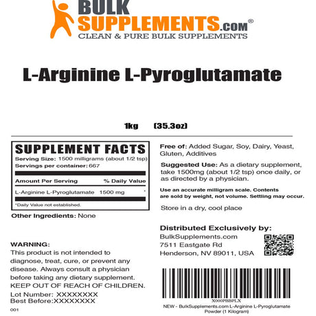 Bulksupplements.Com L-Arginine L-Pyroglutamate - Nitric Oxide Supplement - Blood Flow Supplement - Nitric Oxide Supplements for Men (1 Kilogram)