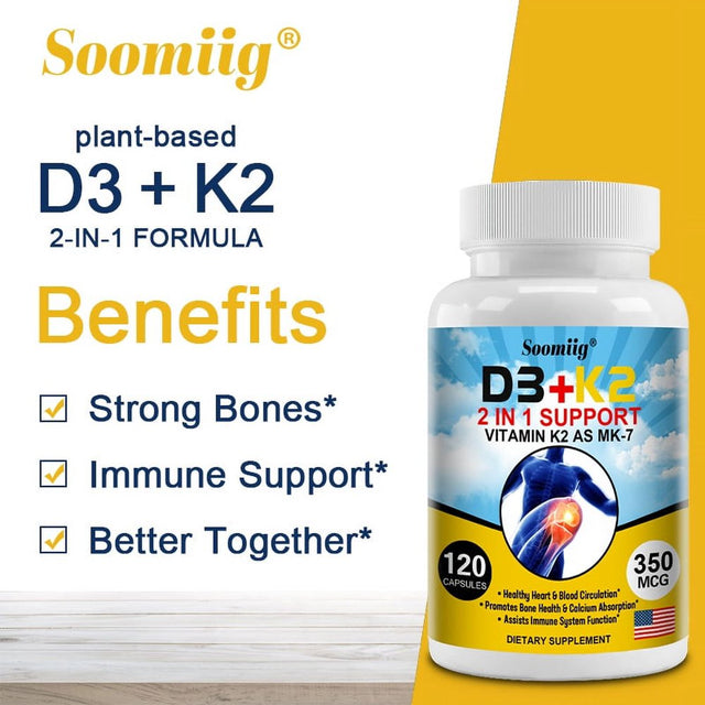 Soomiig D3+K2 Supplement 2-In-1 Supports Vitamin K2 as MK-7 to Support Heart, Blood Circulation, Bones, Colon Absorption