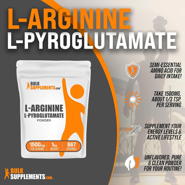 BULKSUPPLEMENTS.COM L-Arginine L-Pyroglutamate Powder - Arginine Supplement, L Arginine Powder - Nitric Oxide Supplement, Nitric Oxide Powder - Gluten Free, 1500Mg per Serving, 250G (8.8 Oz)