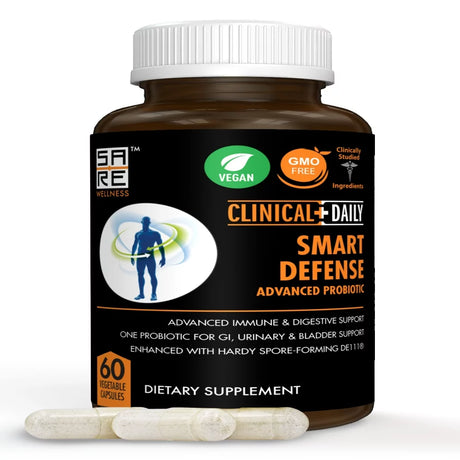 CLINICAL DAILY Smart Defense Mega Spore Probiotic. Bacillus Subtilis Spore Based Probiotics for Women and Men with Lactobacillus Plantarum Good Flora Natural Slim Microbiome Support. 60 Vegan Capsules