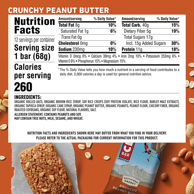 CLIF BARS - Energy Bars - Crunchy Peanut Butter - Made with Organic Oats - Plant Based Food - Vegetarian - Kosher (2.4 Ounce Protein Bars, 12 Count) Packaging May Vary