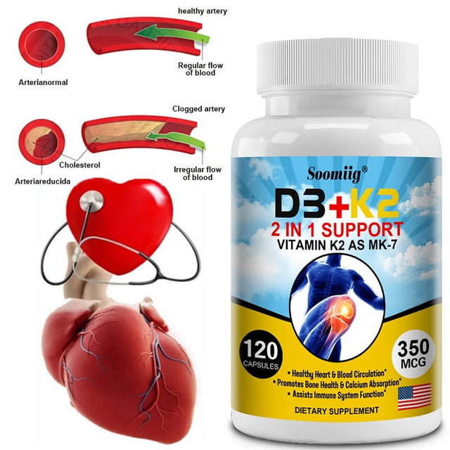 Soomiig D3+K2 Supplement 2-In-1 Supports Vitamin K2 as MK-7 to Support Heart, Blood Circulation, Bones, Colon Absorption