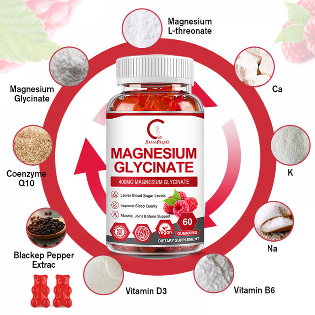 GPGP Magnesium Glycinate Gummies 400Mg - Best Magnesium Potassium Supplement with Vitamin D, B6, Coq10 for Relax, Sleep & Heart Health - 60 Raspberry Gummies