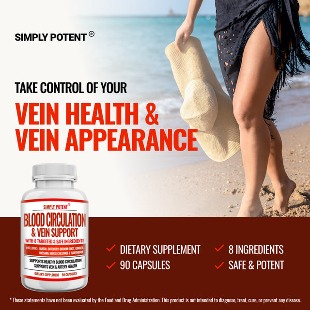 Blood Circulation & Vein Support Supplement, 90 Caps, Helps Reduce Spider and Varicose Veins, Supports Vessels, Leg and Cardiovascular Health with Niacin, L-Arginine, Ginger, Cayenne Pepper, Hawthorn