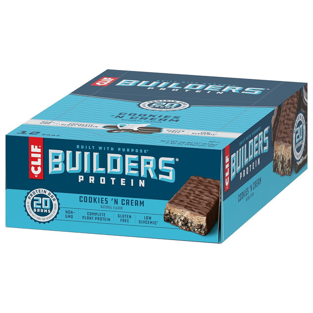 CLIF Builders - Cookies 'N Cream Flavor - Protein Bars - Gluten-Free - Non-Gmo - Low Glycemic - 20G Protein - 2.4 Oz. (12 Count)