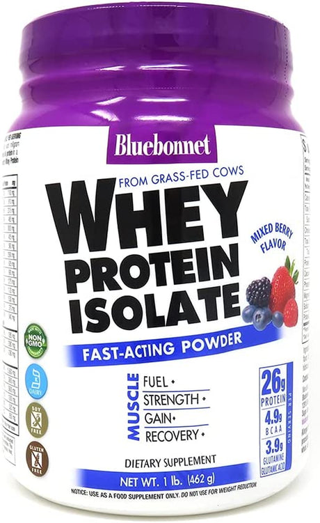 Bluebonnet Nutrition Whey Protein Isolate Powder from Grass Fed Cows, No Sugar Added, Non GMO, Gluten & Soy Free, Kosher Dairy, 16 Oz