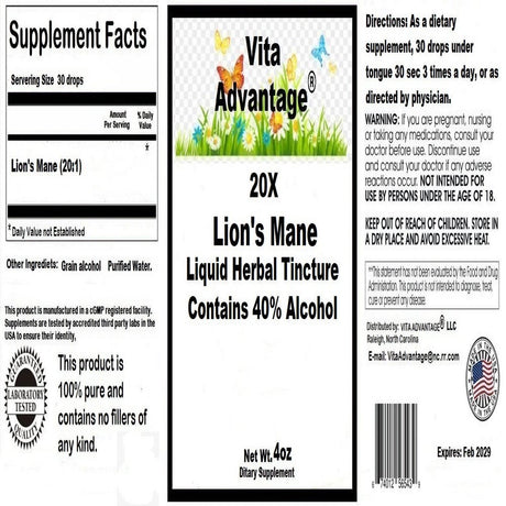 Vita Advantage LION'S MANE Extract Brain Cell Mood Nootropic NGF Skin ORGANIC FOLK TINCTURE 4Oz