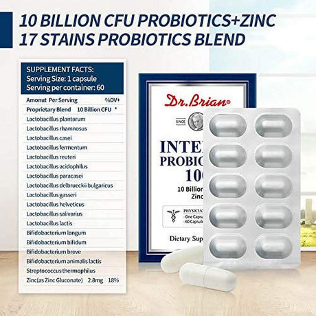 Dr.Brian Intense Probiotics 10 Billion Cfu Probiotics for Women Men Adults Constipation Relief Digestive Intestinal Health Immunity 17 Stains Probiotics Blend plus Zinc, 60 Capsules