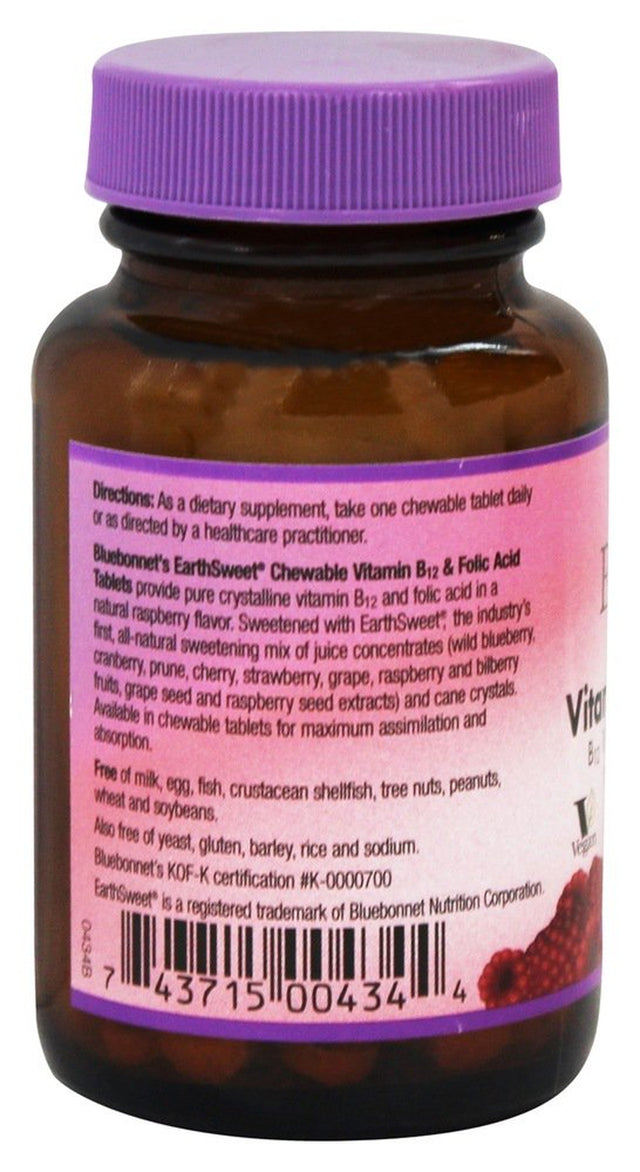 Bluebonnet Nutrition - Earth Sweet Chewable Vitamin B12 & Folic Acid Natural Raspberry Flavor 1000 Mcg. - 90 Chewable Tablets