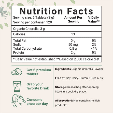 Certified Organic Chlorella Tablets, Broken Cell Wall, 3000Mg 720 Counts, Rich in Vegan Protein, Vitamins, Minerals