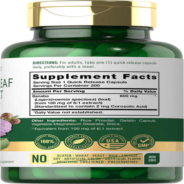 Banaba Leaf Extract 600Mg | 200 Capsules | by Carlyle