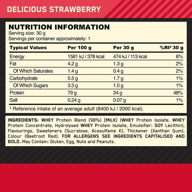 Optimum Nutrition Gold Standard 100% Whey Protein Powder Drink Mix Strawberry (Pack of 24 Sachets)