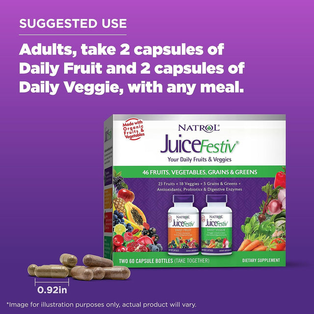 Natrol Juicefestiv Daily Fruit & Veggie with Selenoexcell and Whole-Food [Phyto] Nutrients, Dietary Supplement Supports Better Nutrition (& Overall Well-Being), 60 Capsules (Pack of 2), 30 Day Supply