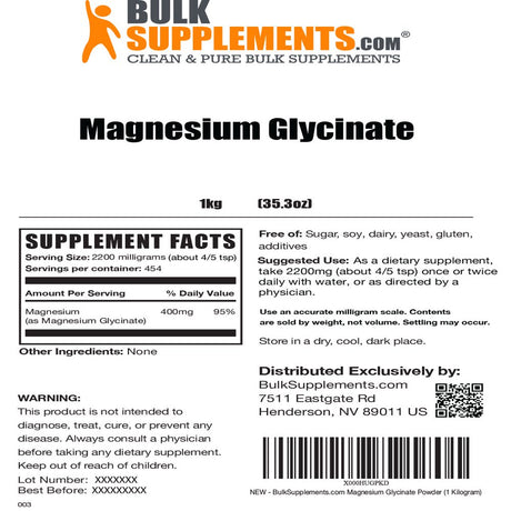 Bulksupplements.Com Magnesium Glycinate Powder, 2200Mg - Magnesium Supplement (5Kg - 1816 Servings)