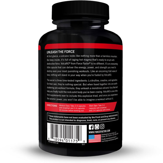 Volcano Pre Workout Nitric Oxide Booster Supplement for Men with Creatine and L-Citrulline to Boost Nitric Oxide and Energy, Build Muscle, Better Pump and Workout, Force Factor, 120 Capsules