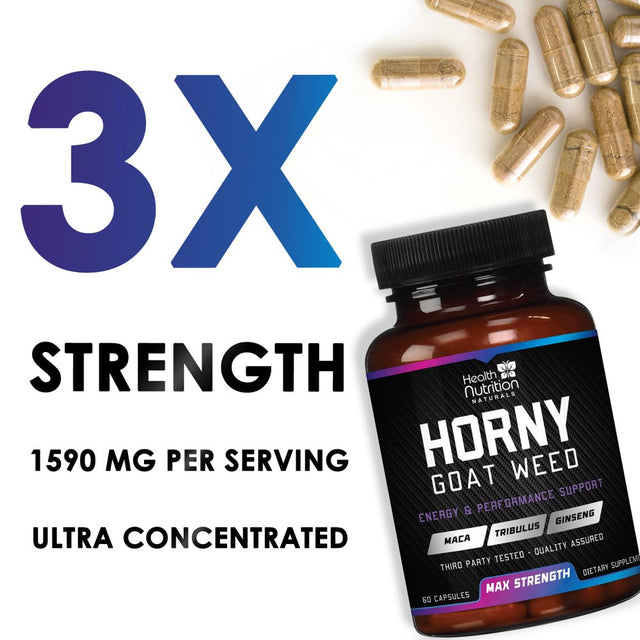 Extra Strength Horny Goat Extract for Men & Women - 1590Mg 3X Strength, Performance, Energy, Stamina with Maca, Saw Palmetto, Ginseng, L-Arginine & Tongkat Hornygoatweed Supplement - 120 Capsules