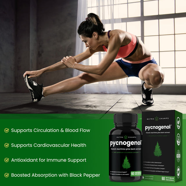 Nutrachamps Pycnogenol® Pine Bark - Premium Supplement with Herbal Complex for Circulation, Blood Flow & Nitric Oxide Production - Superior Absorption & Results with Black Pepper Extract